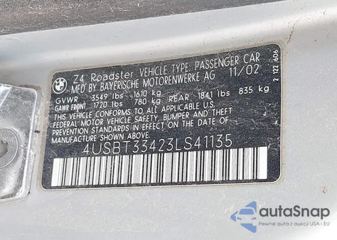 2003 BMW Z4 2.5I z USA, uszkodzony, nr VIN 4USBT33423LS41135